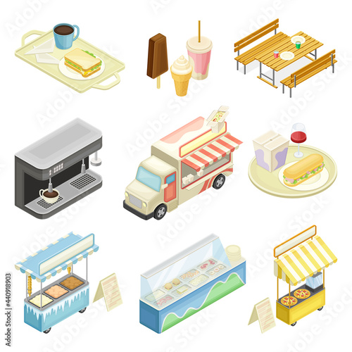Food Court with Counters of Multiple Food Vendors and Self-serve Dinner Area Isometric Vector Set