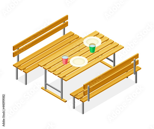 Outdoor Food Court Area for Self-serve Dinner with Wooden Table and Bench Isometric Vector Illustration