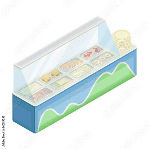 Indoor Food Court or Food Vendor Selling Lunch and Dinner Isometric Vector Illustration