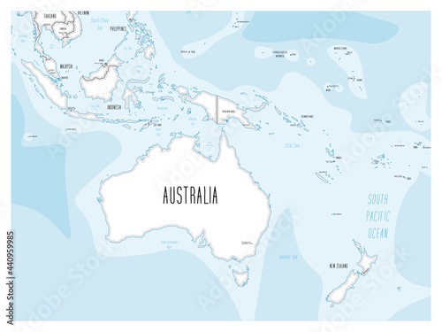Political map of Australia and Oceania. Black outline hand-drawn cartoon style illustrated map with bathymetry. Handwritten labels of country, capital city, sea and ocean names. Simple flat vector map