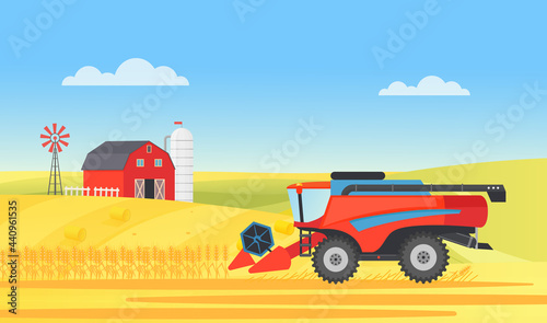 Wheat farm harvester working in village rural landscape, agriculture work vector illustration. Cartoon agricultural farmer machine harvesting on countryside farmland field with barn, mill background