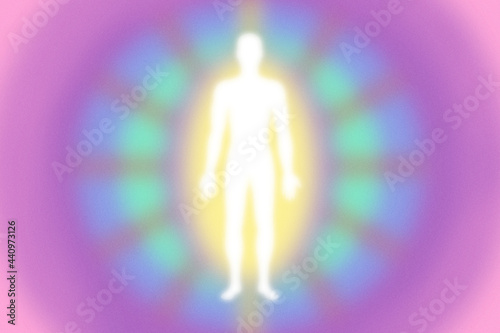 Bright textured retro purple-pink-green aura layers, energy field with human figure - grainy, high resolution background