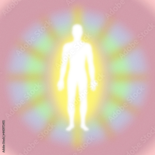 Soft textured retro, muted pink, green rainbow aura layers, energy field with human figure - grainy gradient, high resolution square background