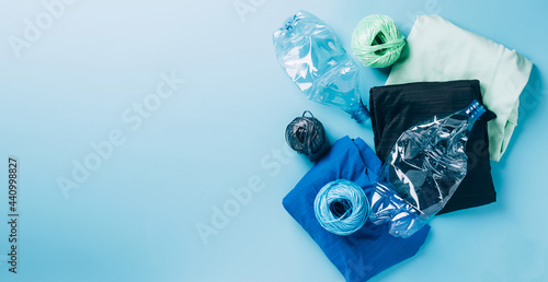 Polyester fiber synthetic fabrics eco-friendly textile recycled recyclable plastic bottles. Reuse recycling used bottles