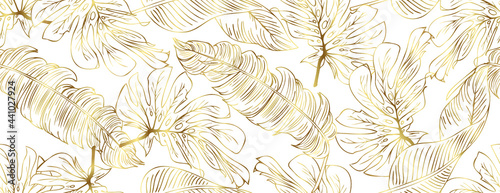 Luxury seamless gold nature background vector. Floral pattern, Golden split-leaf with monstera plant line arts, Vector illustration.