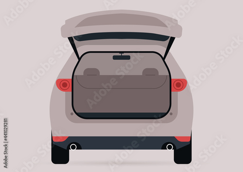 A wide open trunk of an empty SUV car, no people template