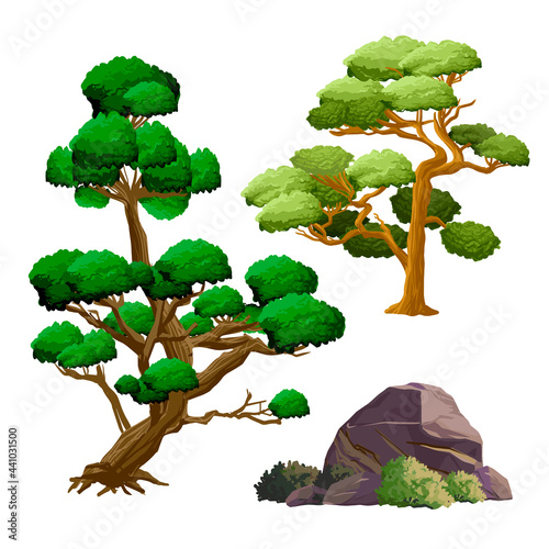 Ancient japan culture objects set with garden decorative trees, stone, bush and ikebana isolated vector illustration. Japan vector set collection