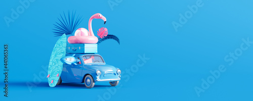 Blue car with luggage and beach accessories on blue background. Summer travel concept 3D Render 3D illustration