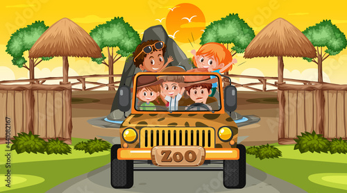 Zoo at sunset time scene with many kids in a jeep car