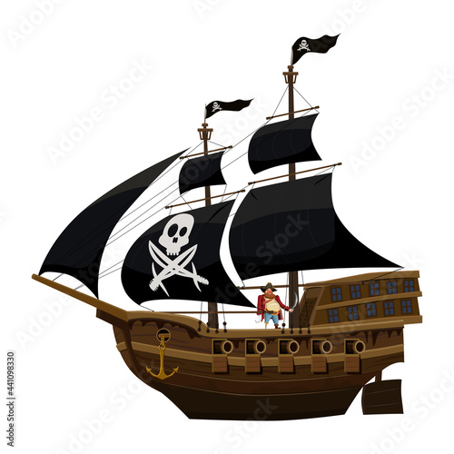 Pirate ship under black sail, wooden old sailboat with captain. Buccaneer filibuster corsair with black flag skull, Jolly Rodger. Vector illustration cartoon style