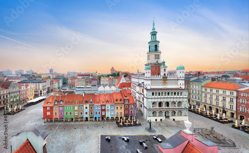 Poznan, Poland. Aerial view of Rynek (Market) square with small colorful houses and old Town Hall