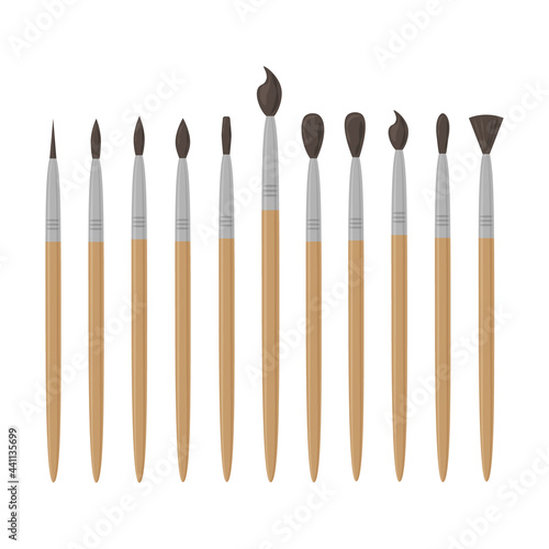 A large set of different brushes for drawing and creativity. Brushes for school children and artists. A set of office supplies. Vector illustration isolated on a white background