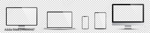 Realistic set of device screen mockup, smartphone, tablet, laptop and monoblock monitor on isolated background