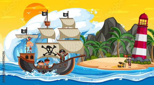 Island with Pirate ship at sunset scene in cartoon style