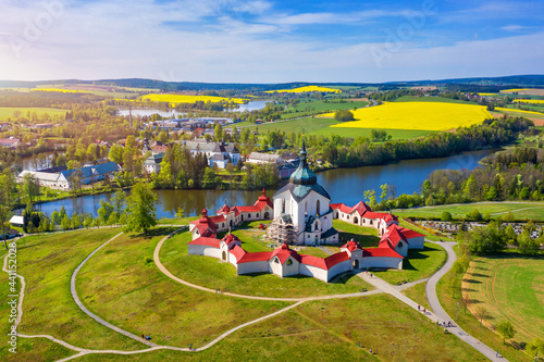 Top view of the church St. John of Nepomuk. Zdar nad Sazavou. Czechia. The Pilgrim Church of St John of Nepomuk on the Zelena hora on Zdar nad Sazavou, Czech Republic.