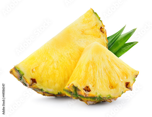 Pineapple slices with leaves. Cut pineapple isolate. Cut pineapple on white. Full depth of field.