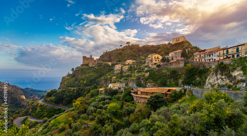 Savoca village in Sicily, Italy. Sicilian village Savoca. Houses on a hill in Savoca, small town on Sicily in Italy.