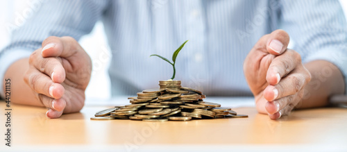 Asian businessman hand protecting plant sprouting growing on pile of coins on the table while saving money
