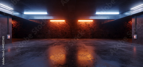 Neon Lights Grunge Sci Fi Underground Garage Car Room Cement Asphalt Concrete Brick Wall Realistic Blue Orange Colors Cyber Background 3D Rendering