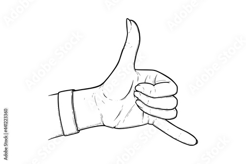 Shaka sign or hang loose. Aloha and shaka surfers hand gesture isolated in white background. Outline vector illustration