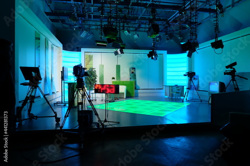 equipment of a television studio in blue lights