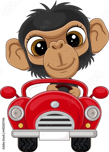 Cartoon baby chimpanzee driving red car