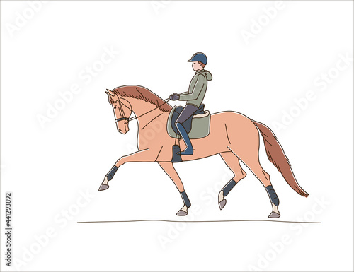 Male rider with his chestnut horse moving at a trot, vector illustration