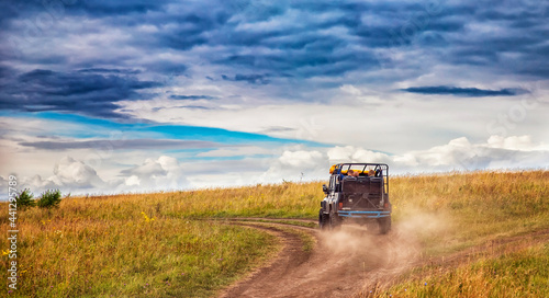 Banner background car ATV tour of Africa travel to national parks safari trip or savannah
