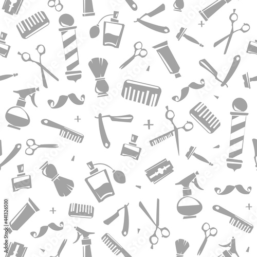 Barber Shop elements seamless pattern endless vector background. Barber tools isolated on blwhite background template for Print fabric design, barbershop decoration paper pattern