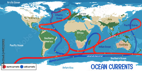 Ocean currents on world map background