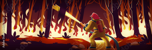 Fireman fight with fire in forest, man extinguish burning wildfire at night wood with raging flames. Wild nature catastrophe, disaster, blazing trees landscape. Ecological hazard Cartoon vector scene