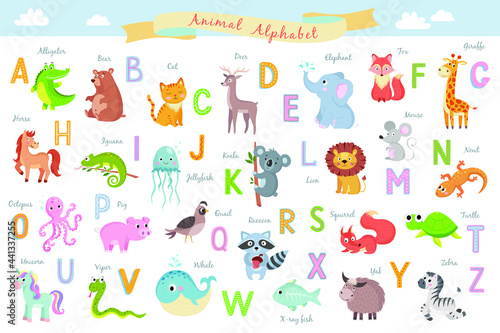 cute english animal alphabet on white background vector illustration