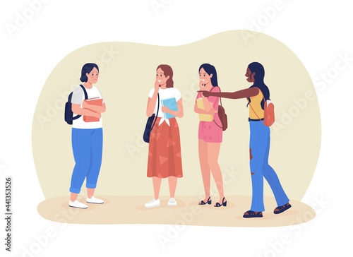 Classmates bullies 2D vector isolated illustration. Peer pressure and bullying in high school. Teens attack pupil flat characters on cartoon background. Teenager problem colourful scene