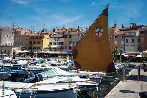 sailboats in the harbor with view of the town of Rovinj, Croatia