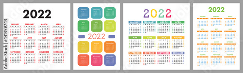 Calendar 2022 year set. Vector template collection. Simple design. Week starts on Sunday. January, February, March, April, May, June, July, August, September, October, November, December