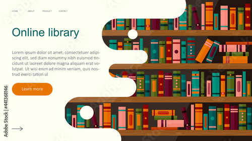 Online library app for reading, banner, website template. Electronic book store application on background with bookshelves, digital technologies in education. Vector graphic.
