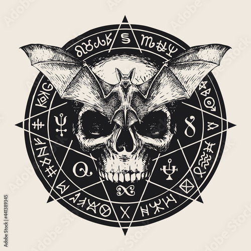 Hand-drawn sinister human skull, bat with open wings and magic symbols written in a circle. Witchcraft, occult attributes, esoteric signs. Monochrome vector banner or amulet with a flying vampire