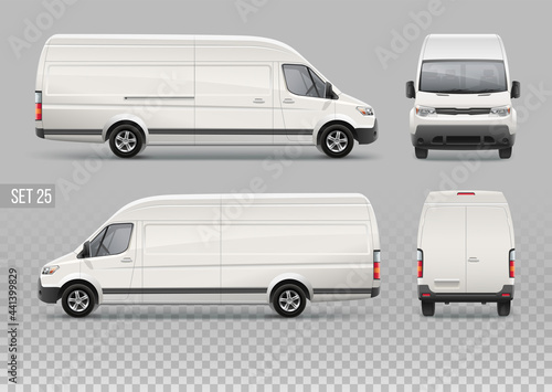 Vector Corporate Van realistic mockup template for Branding and Company identity design. White Cargo Van isolated on grey background. Delivery service transport mockup