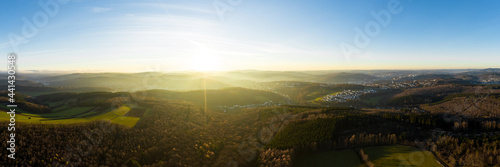 the siegerland forest and city from above in germany in autumn as a high definition panorama