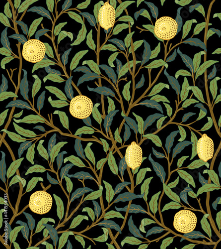 Vintage tropical fruit seamless pattern on dark background. Lemons in foliage. Middle ages William Morris style. Vector illustration