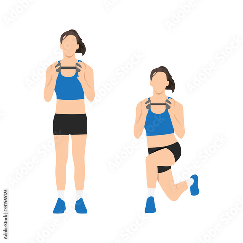 Woman doing Dumbbell curtsy lunge exercise. Flat vector illustration isolated on white background