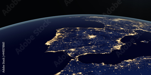 Iberian Peninsula at night in the earth planet rotating from space