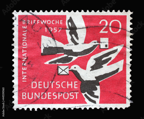 Stamp printed in Germany, shows Carrier Pigeons, International Letter Writing Week, circa 1957