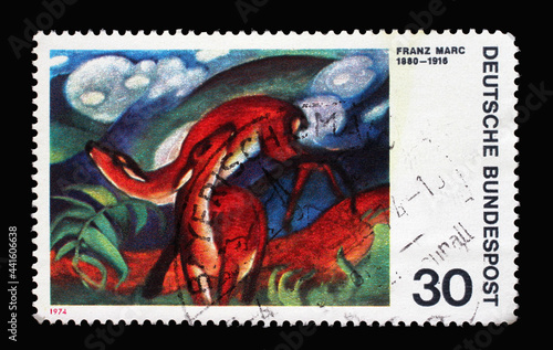 A stamp printed in Germany shows German expressionist painters: Deer in Red, by Franz Marc, circa 1974