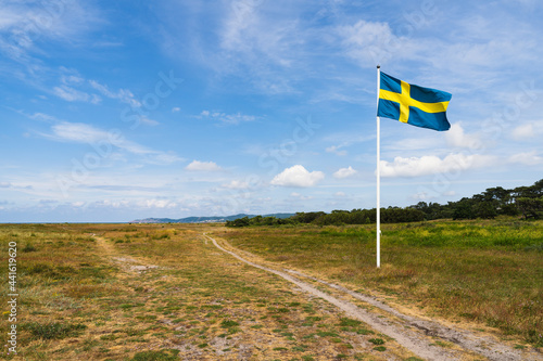 Swedish flag waving in wind with beautiful sky background. Swedish midsummer concept.