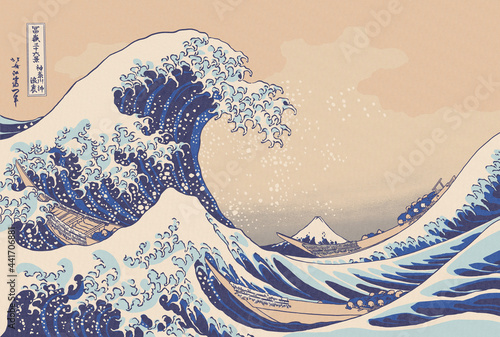 The Great Wave off Kanagava. Artwork by Hokusai. Painting restoration by Mira Kunstler in IPG format. Good quality and high resolution image illustration. Print. Traditional Japan art. 600 dpi. 