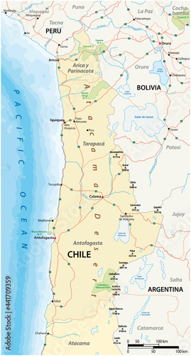 vector roads and national park map of the Atacama desert in the north of Chile