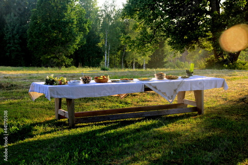 Giant wooden picnic table in scenic park with old trees, yellow sunset light. Outdoor Table food lunch concept