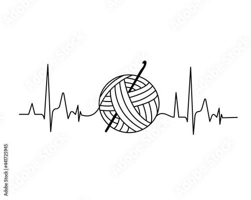Simple minimalist knitting, crochet design with heartbeat. Vector image illustration. Knit logo concept, crochet yarn emblem. Hand made knit shop sign.