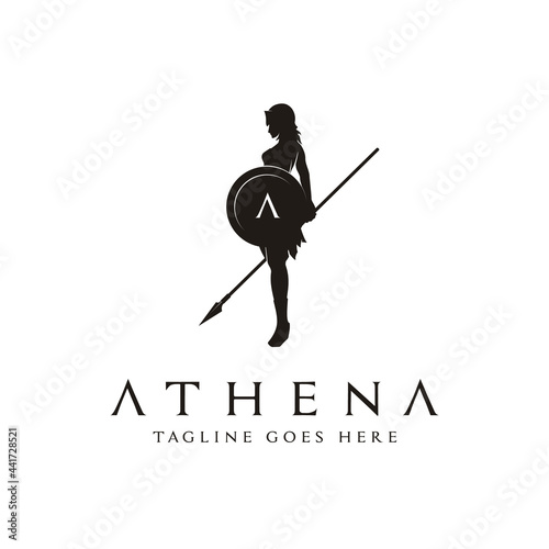 Silhouette of Athena Minerva with Shield and Spear, The Beauty Greek Roman Goddess Logo Design